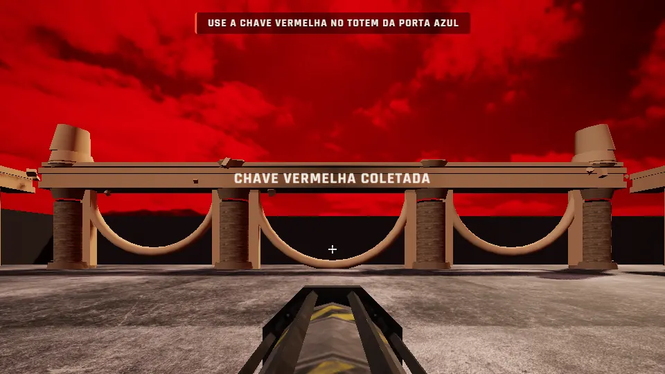 Cena do jogo Base Infernal: céu vermelho, um templo de pedra e a arma do jogador em primeira pessoa.