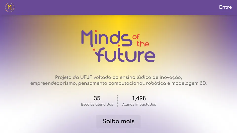 Página inicial do Minds of the Future, com o logo do projeto e os números de escolas atendidas e alunos impactados.